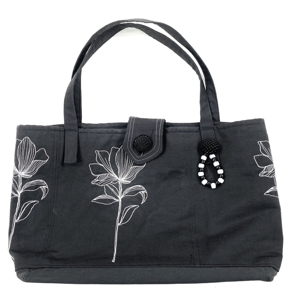 Black Fabric Purse with White Embroidered Flowers Handmade Original NEW